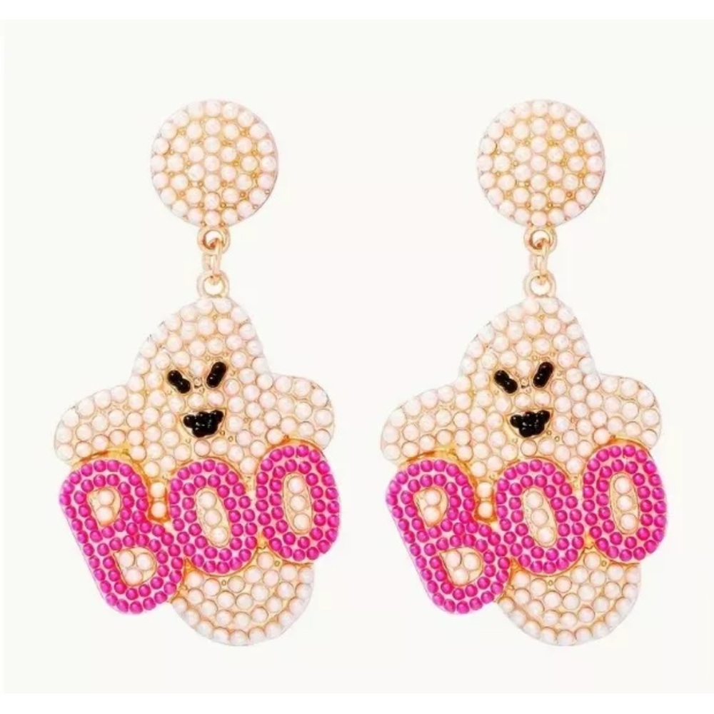 Seed Bead Pearl And Gold, Ghost Dangle Earrings, With Pink Boo- Halloween